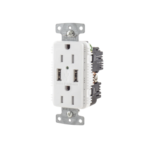 Contacto D√∫plex con 2 Puertos USB, 15A 125V, 2 Polos, 3 Hilos, Color Blanco.