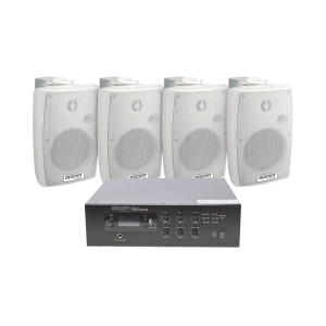 KIT de Amplificador de 120W para Escritorio | 4 Altavoces de Pared color Blanco 2.5W - 20W | Sistema 70/100V