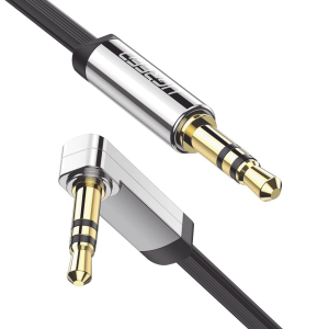 Cable Auxiliar Plano 2 Metros / Conector 3.5mm a 3.5mm / Macho-Macho / Recto a Angulo / Ángulo de 90¬∞ en una de sus Puntas / Color Negro