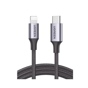 Cable USB-C a Lightning / Certificado MFi  / 1 Metro / Adecuado para iPhone, iPad y iPod / Carga y Sincronización de Datos /  Velocidad 480 Mbps / PD Carga Rápida 3A máx. / Caja de Aluminio + Nylon Trenzado