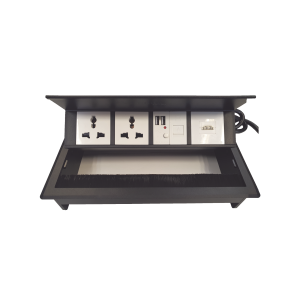 Caja Horizontal tipo Hub para escritorio color negro, con 1 Puerto HDMI Hembra-Hembra, 1 puerto RJ45 Cat6,  2 Puertos USB (Solo carga),  y 2 Contactos eléctricos universales