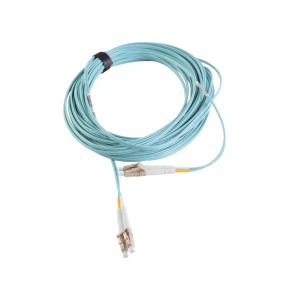 Jumper de Fibra Óptica Multimodo 50/125 XGLO OM3, LC-LC Duplex, OFNR, Color Aqua, 15 Metros