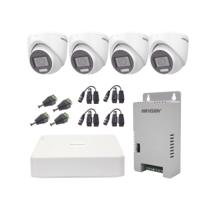 KIT TurboHD 1080p / DVR 4 Canales con audio por coaxitron / 4 Cámaras con Micrófono y  106¬∞ Visión/  luz blanca + IR visión nocturna  / Transceptores / Conectores / Fuente de Poder Profesional