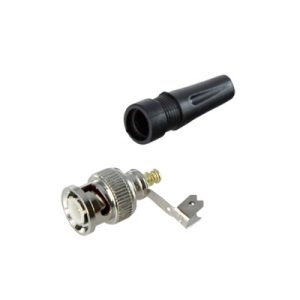 Conector BNC macho en 75 Ohm, para cable coaxial RG-59/ RG-6 con base de alivio negra de PVC, Níquel/ Oro/ PTFE.