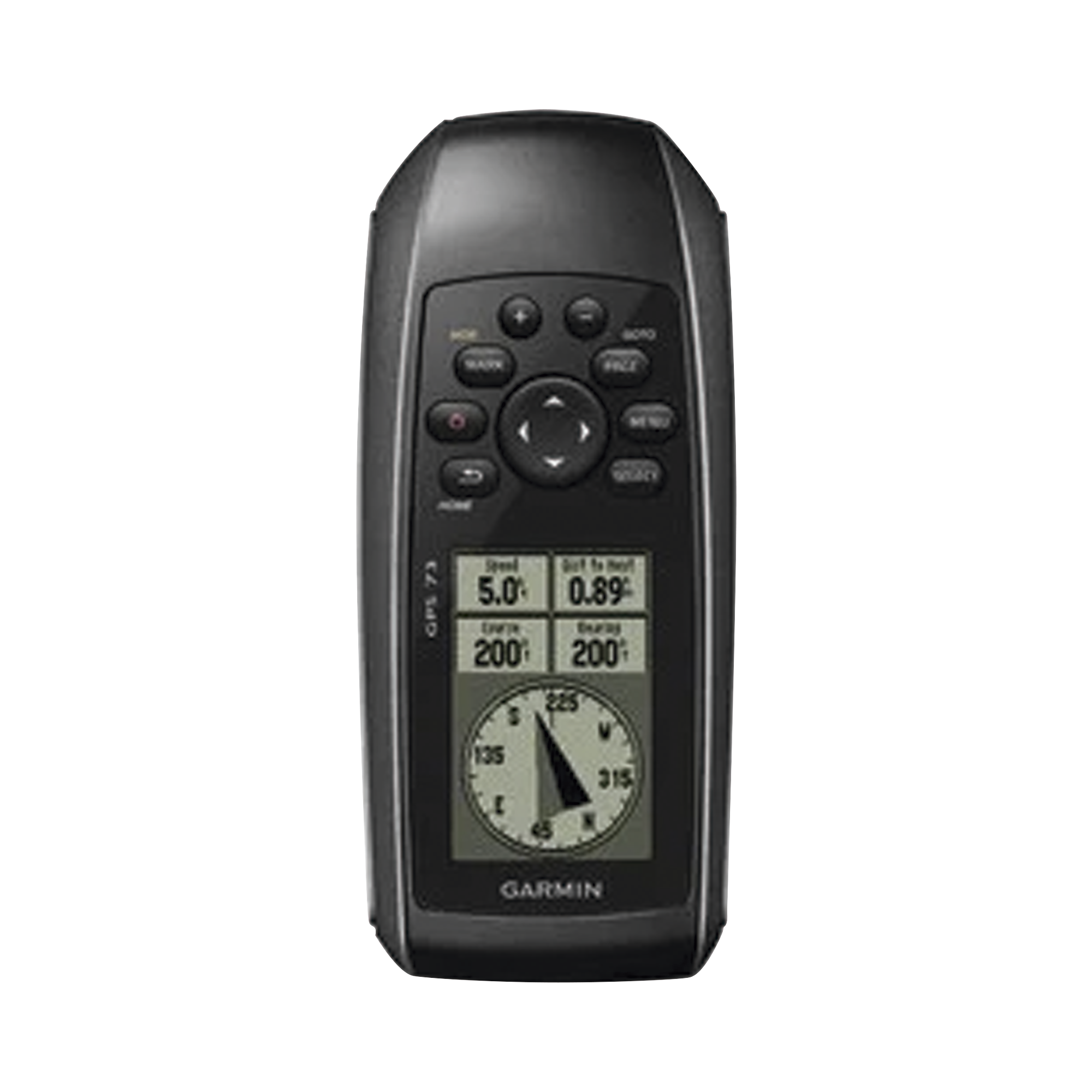 GPS portátil GPSMAP 73 con pantalla de cristal liquido, escala de 4 niveles de gris, hasta mil puntos de almacenamiento interno, sumergible y flotante.