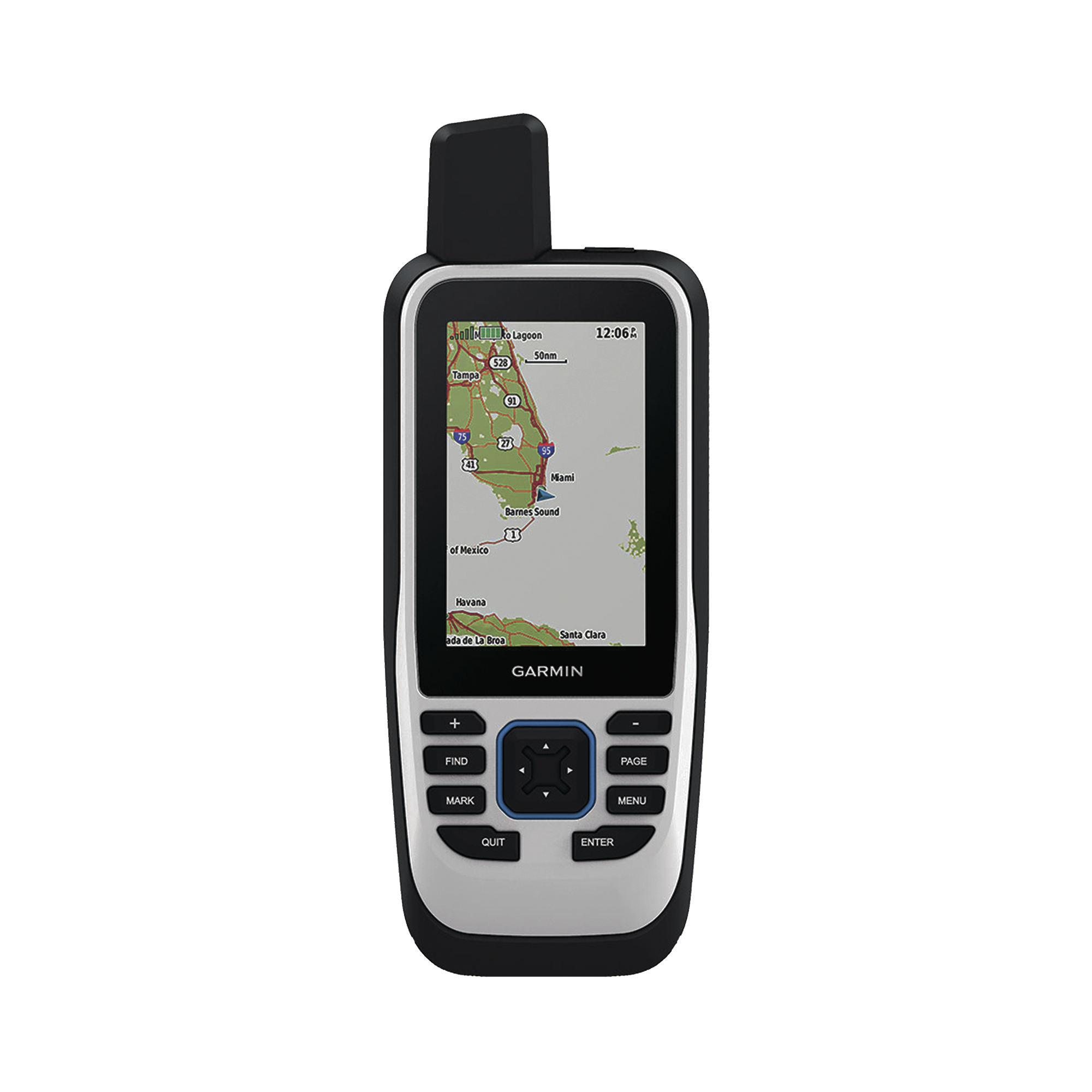 GPS portátil GPSMAP 86s con mapa base precargado, incluye batería interna recargable.