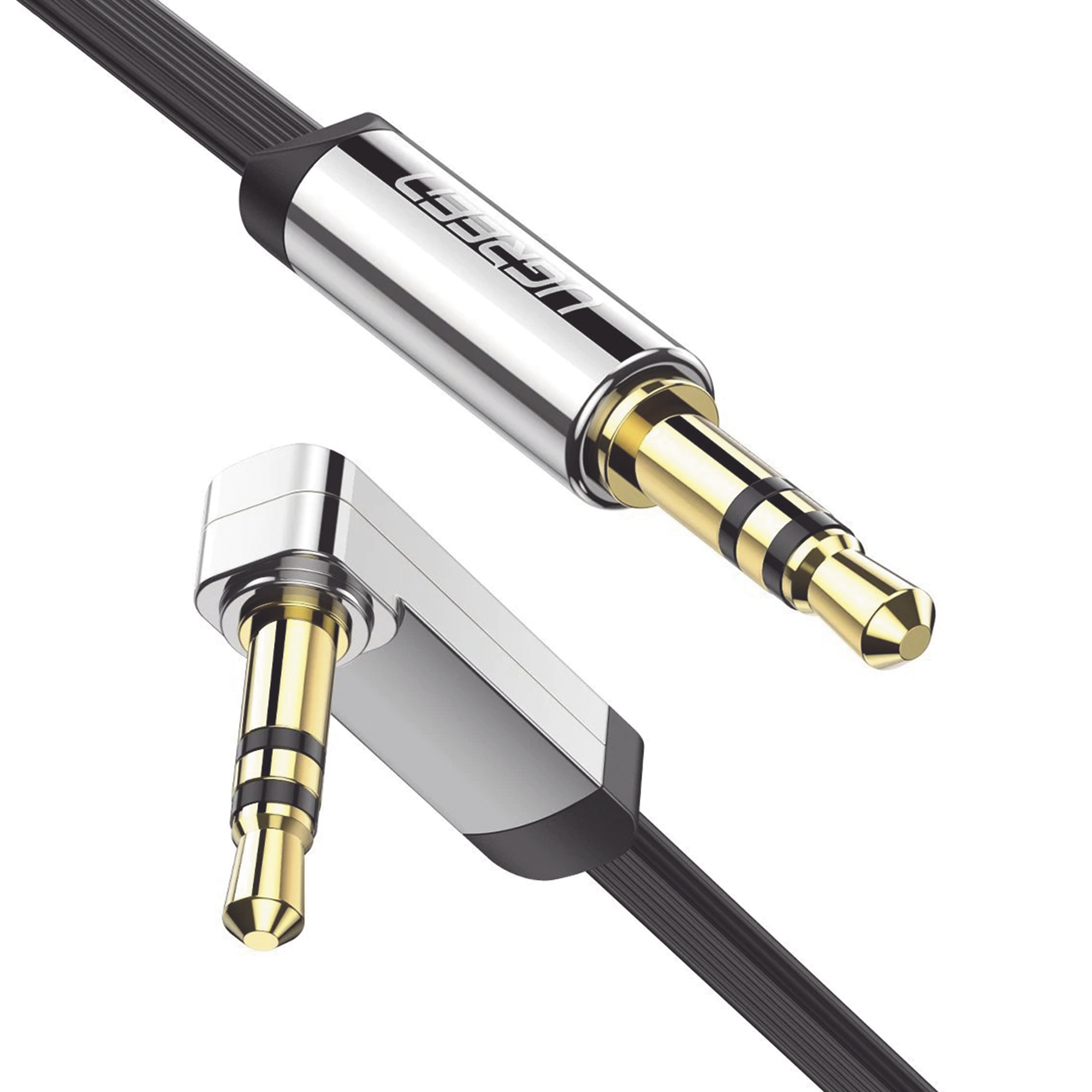 Cable Auxiliar Plano 2 Metros / Conector 3.5mm a 3.5mm / Macho-Macho / Recto a Angulo / Ángulo de 90¬∞ en una de sus Puntas / Color Negro