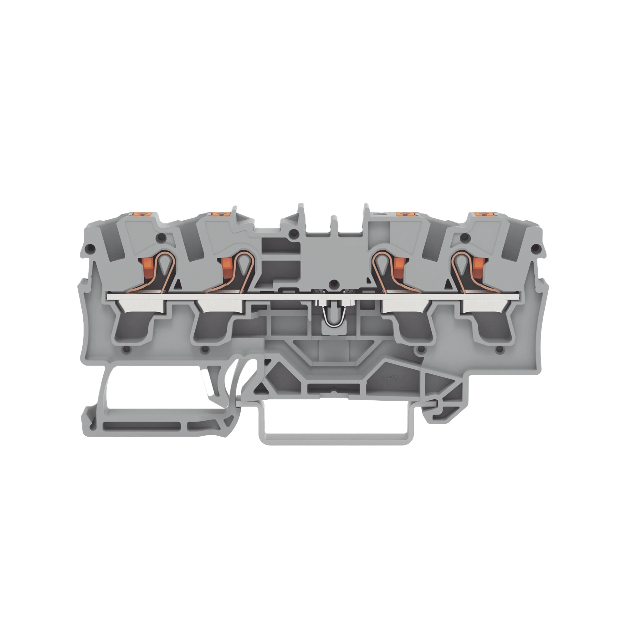 Borna de paso para 4 conductores; con tecla; 4 mm¬≤; con orificio de prueba; Marcaje lateral y central; para carril DIN 35 x 15 y 35 x 7,5; Push-in CAGE CLAMP®; 4,00 mm¬≤; gris