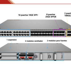 Switch Empresarial Core Híbrido Administrable Capa 3 / 24 puertos 10/100/1000 mbps / 16 Puertos SFP+ 10GE / 8 Puertos 25GE SFP28  / 2 Puertos 40/100GE QSFP28  / iStack / Ruteo Dinamico (RIP, OSPF, IS-IS y BGP) / Fuente redundante / Nube Gratis