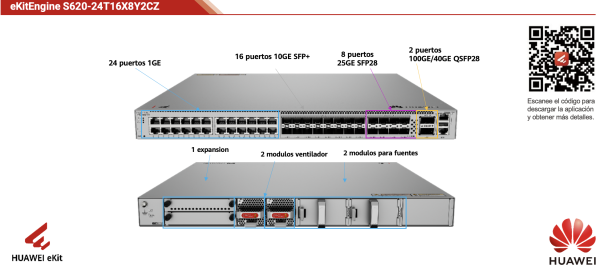 Switch Empresarial Core Híbrido Administrable Capa 3 / 24 puertos 10/100/1000 mbps / 16 Puertos SFP+ 10GE / 8 Puertos 25GE SFP28  / 2 Puertos 40/100GE QSFP28  / iStack / Ruteo Dinamico (RIP, OSPF, IS-IS y BGP) / Fuente redundante / Nube Gratis