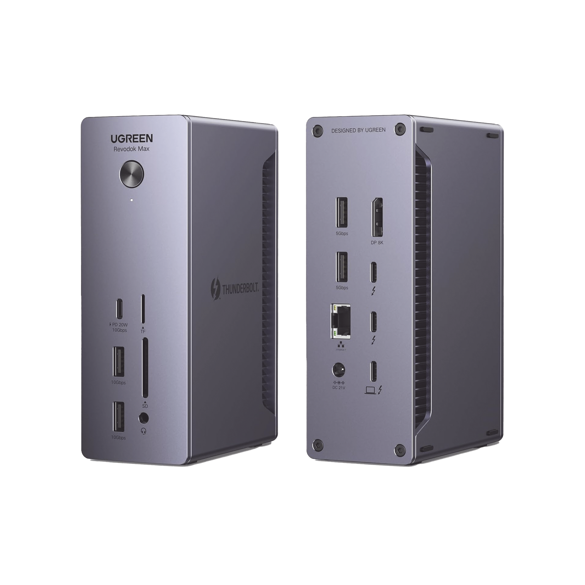 HUB USB-C (Docking Revodok Max 213) 13 en 1 | 2 Thunderbolt 4 (40Gbps,8K@30Hz) | 2 USB-A 3.2 (10Gbps) | 1 USB-C 3.2 (10Gbps, 20W) | 2 USB-A 3.0 (5Gbps) | Display Port 1.4 8K@30Hz | RJ45 (2.5 Gigabit) | SD + Micro SD (TF) 4.0 | Jack Audio 3.5mm.