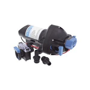 Bomba controlada por presión Par Max a 12 Vcd, caudal de 2 GPM, presión máxima 35 psi, para manguera de entrada con orificio de 38 mm (1¬Ω”), manguera de descarga con orificio de 25 mm (1”)