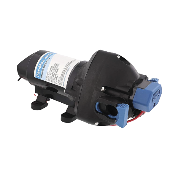 Bomba controlada por presión Par Max 2 a 24 Vcd, caudal de 2 GPM, presión máxima 35 psi, para manguera de entrada con orificio de 13 mm (¬Ω”)