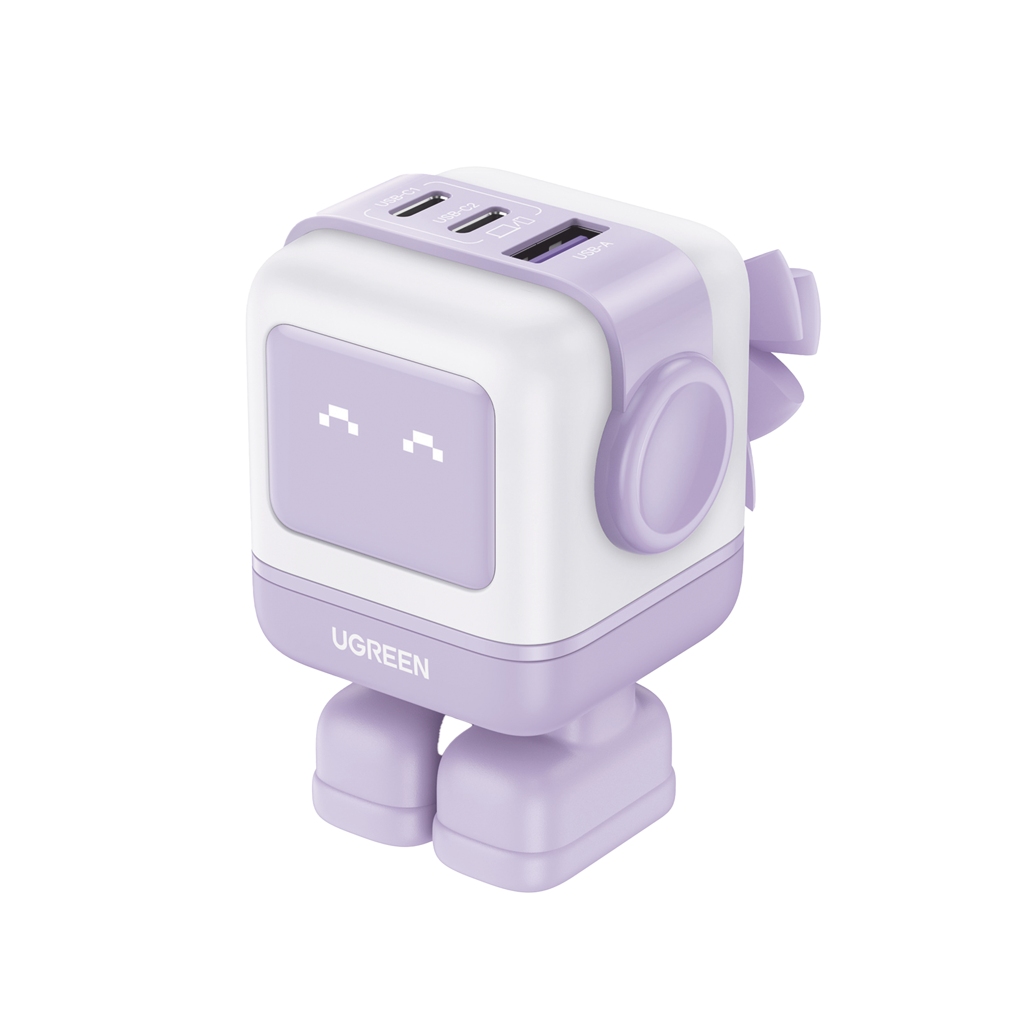 Cargador RobotGaN de 65W Serie UNO | 3 Puertos de Carga Rápida | 2 USB-C | 1 USB-A | PD 3.0 | QC 4.0 | Carga Inteligente | Tecnología GaN II | Zapato Magnético Extraíble | Carcasa Ignifuga | Pantalla LED.