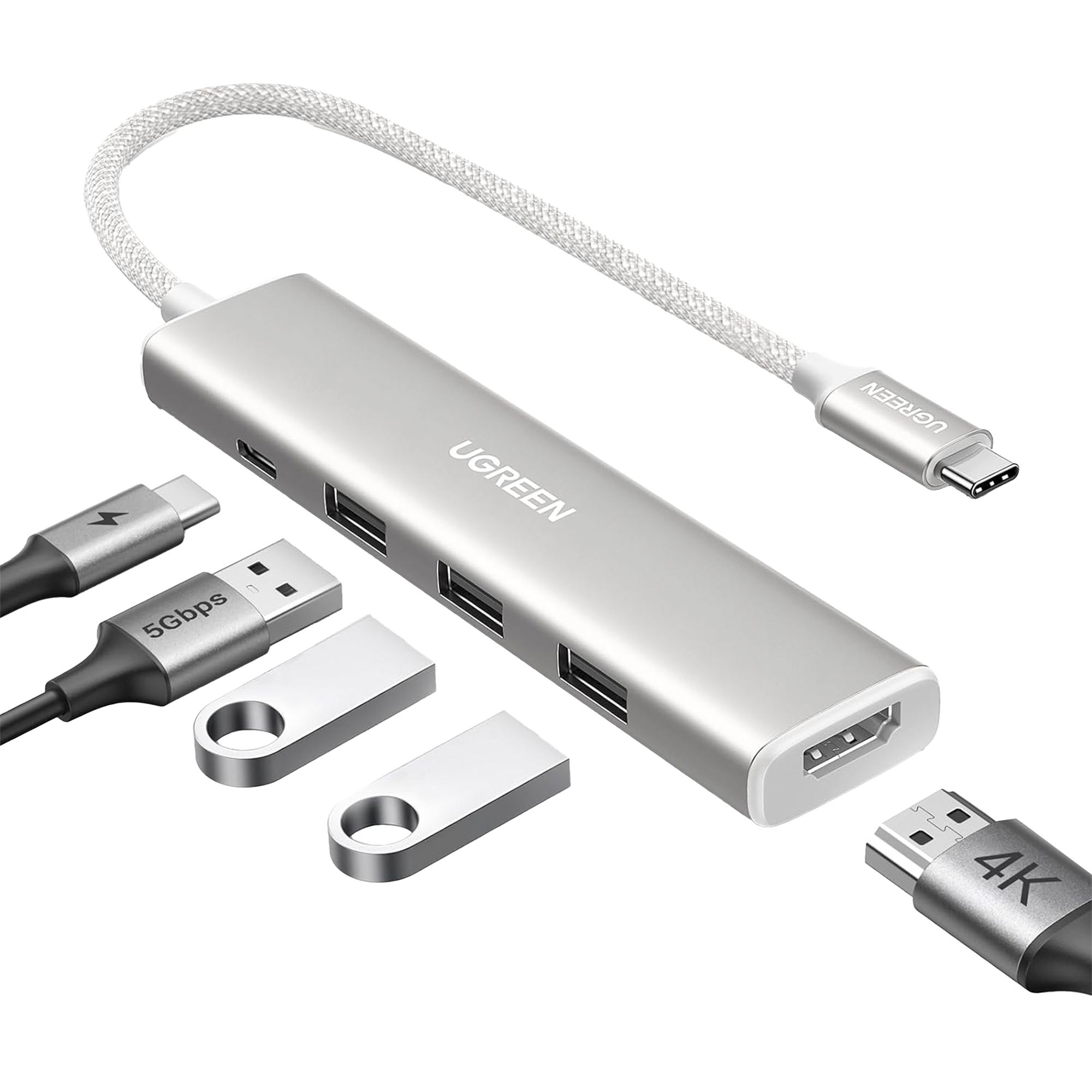 HUB USB-C (Docking Revodok) 5 en 1 | HDMI 2.0 4K@30Hz | 3 USB-A 3.0 (5Gbps) | USB-C PD Carga 100W | Chip de Última Generación | Cable de Nylon Trenzado de 25 cm | Carcasa de Aluminio | Color Blanco.