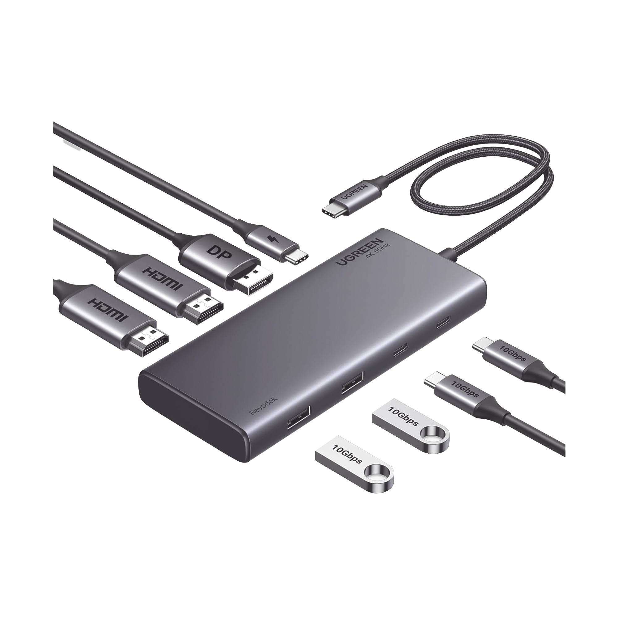 HUB USB-C (Docking Revodok 308) 8 en 1 | 2 Puertos HDMI 4K@60Hz | 1 Puerto DisplayPort 4K@60Hz 2 USB-A 10Gbps) | 2 USB-C (10Gbps) | USB-C PD Carga 100W | Chip de Ultima Generacion | Carcasa de Aluminio.