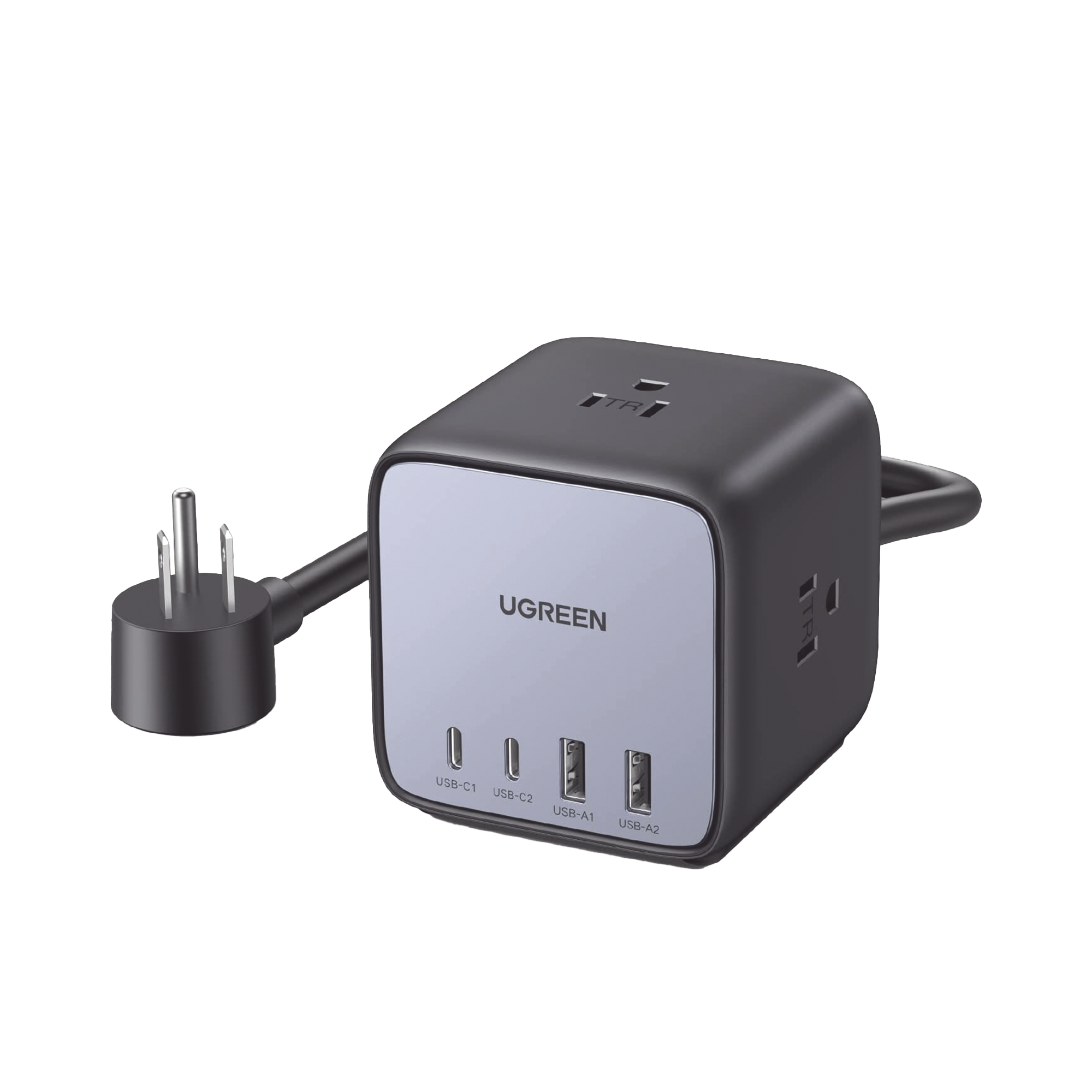 Multicontacto de Escritorio USB y Tomacorriente / 2 Puertos USB-C / 2 Puertos USB-A / 3 Tomacorriente de CA / Tecnología GaN II / USB 65W PD / Carga Rápida / Diseño Innovador en Forma de Cubo / Interruptor de Apagado.