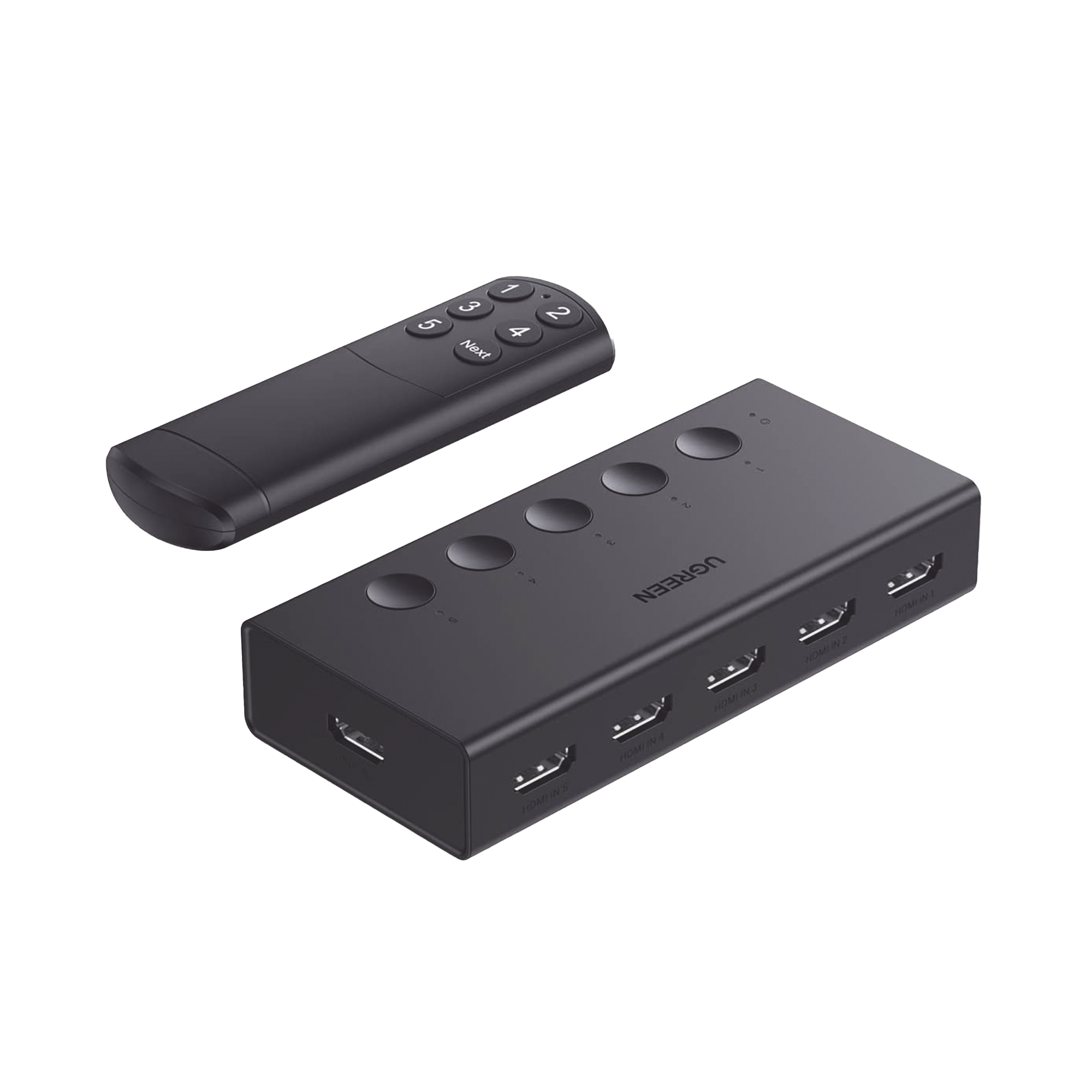 Conmutador HDMI 5X1 | 4K@60Hz | HDMI 2.0, 1.4 |  HDCP 2.2, 1.4 | VRR | Dynamic HDR | 3D | CEC | EDID | IR 10m | 18Gbps | Cambio Manual y por Control Remoto |  Incluye Cable de Alimentación USB.