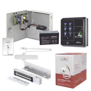 Sistema Completo de Acceso, Incluye Lector Biometrico SF300, Chapa magnética con bracket, Cierra puerta, Botón de Salida, Cable " Gratis ", y fuente profesional con Batería