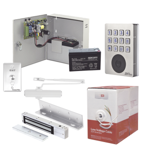 Sistema Completo de Acceso, Incluye Teclado con lector de tarjetas, Chapa magnética con bracket, Cierra puerta, Botón de Salida, Cable " Gratis ", y fuente profesional con Batería