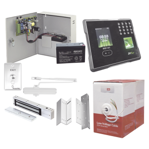 Sistema Completo de Acceso Y asistencia, Incluye Lector Biometrico MB160ID, Chapa magnética con bracket, Cierra puerta, Botón de Salida, Cable " Gratis ", y fuente profesional con Batería
