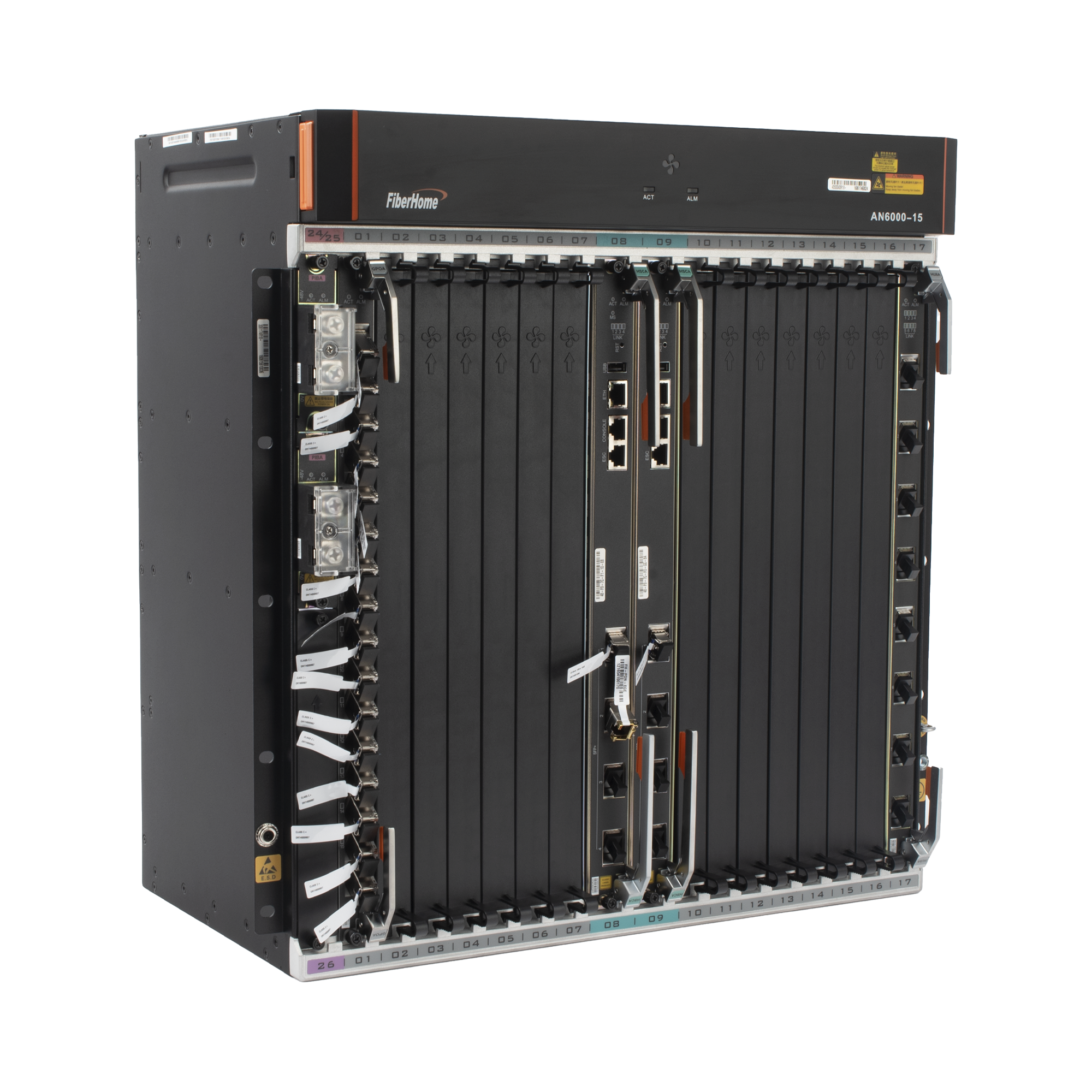 OLT Carrier Class Modular GPON, 14 Ranuras de Servicio, Incluye 1 Tarjeta de Servicio, Doble fuente -48Vcc, 11 UR, Gestión por UNM2000, CLI, (Incluye Instalación de software UNM2000)