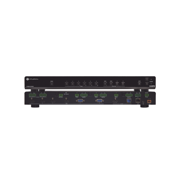 4 HDMI ;  2 VGA INPUT ;  2 OUTPUT SWITCHER WITH SCALER ;  POE ;  AND ETHERNET.