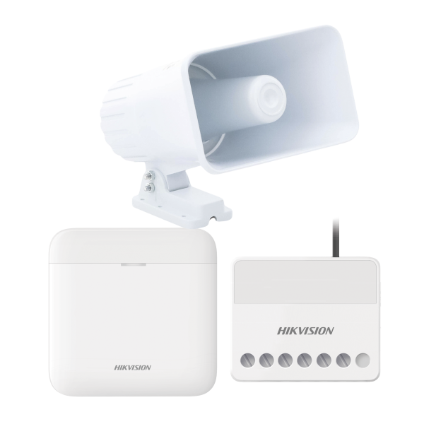 (AXPRO) KIT de alarma AX PRO con sirena cableada 30W / Incluye: 1 Hub con Batería de respaldo / 1 Sirena Cableada de 30 Watts IP65 / 1 Relevador Inalámbrico 0 a 36 VCC / Compatible con Hik-Connect P2P