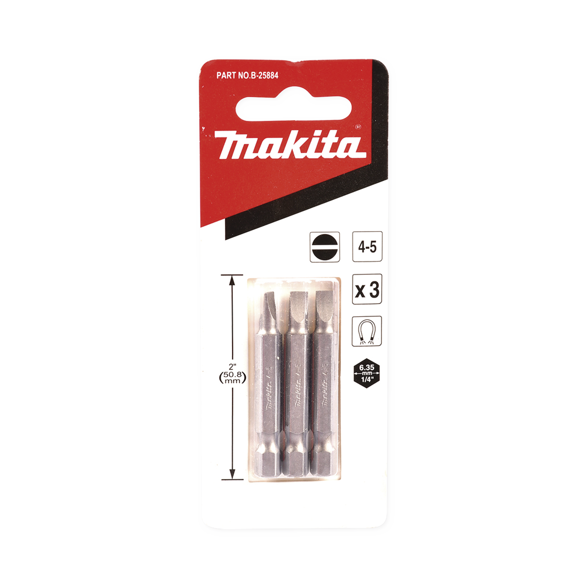 Punta plana para atornillar de 4-5 x 50 mm forma ‚ÄúE”, zanco tipo hexagonal de 1/4" con punta magnética, blíster con 3 piezas.
