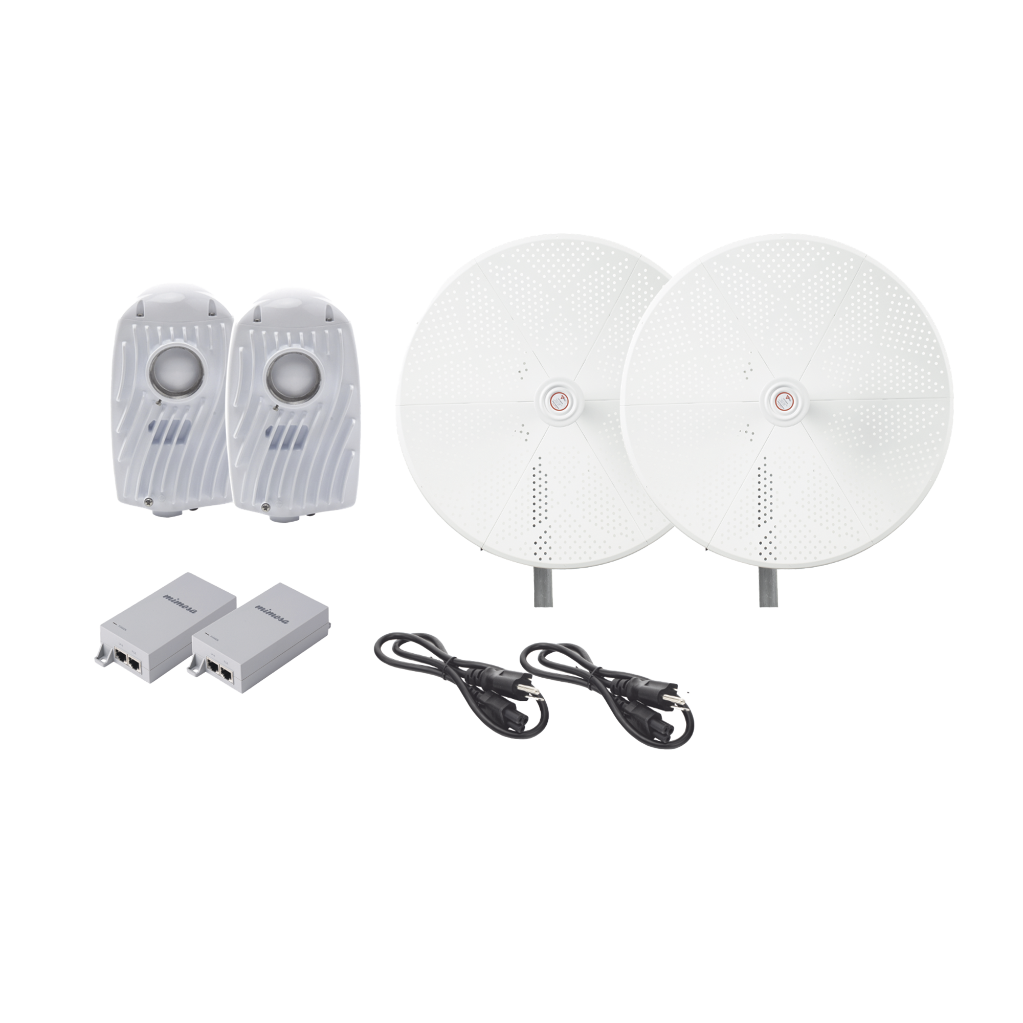 Kit de 2 radios B5X con antenasTXPD34B5X de (34 dBi), rango de frecuencia extendida (4.9 a 6.4 GHz),  incluye inyector POE, cable de alimentación y  para alineación, distancia de hasta 40 km