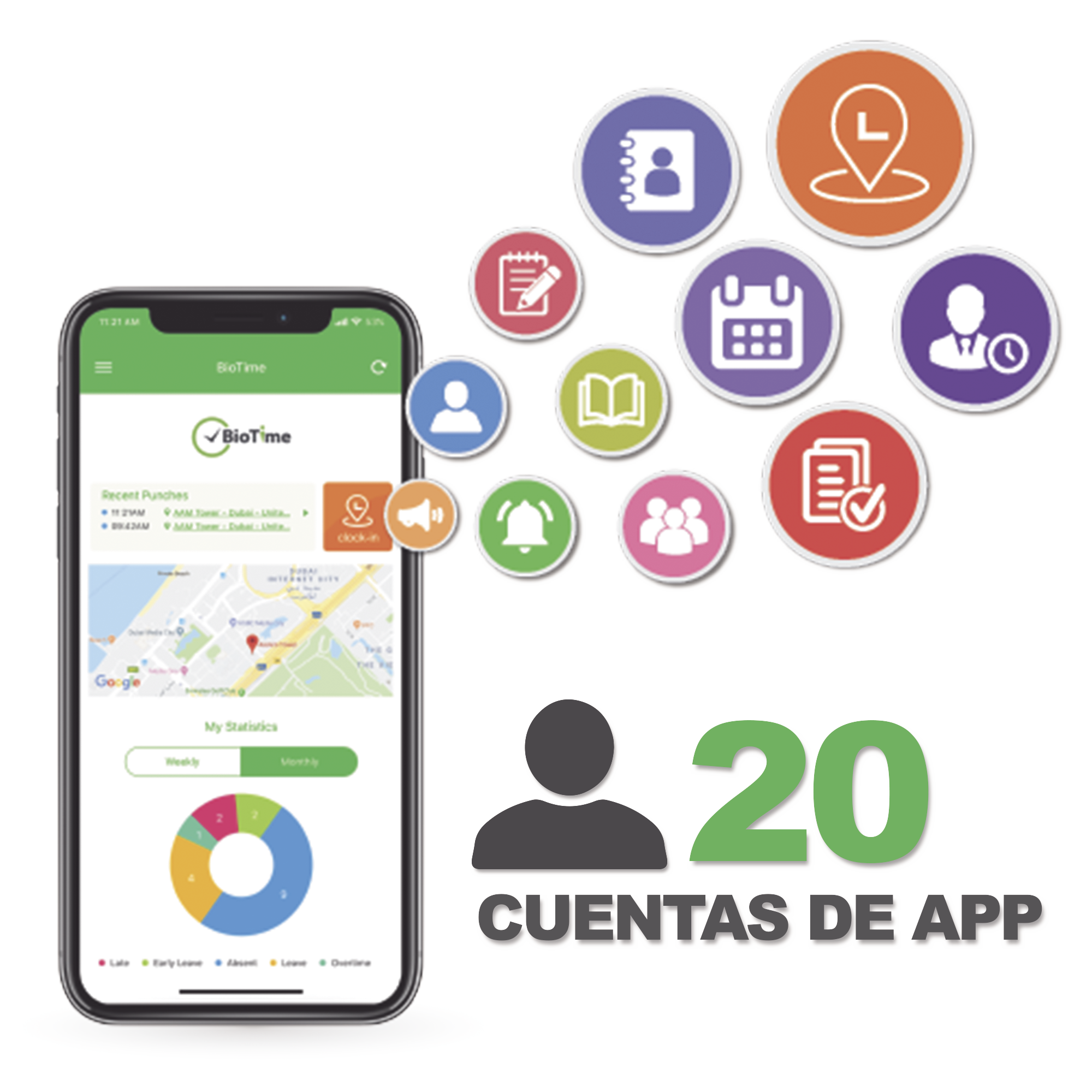 Licencia para realizar checadas de asistencia desde Smartphone (APP) con envío de fotografía y ubicación por GPS / Compatible con BIOTIMEPRO / Licencia para 20 usuarios