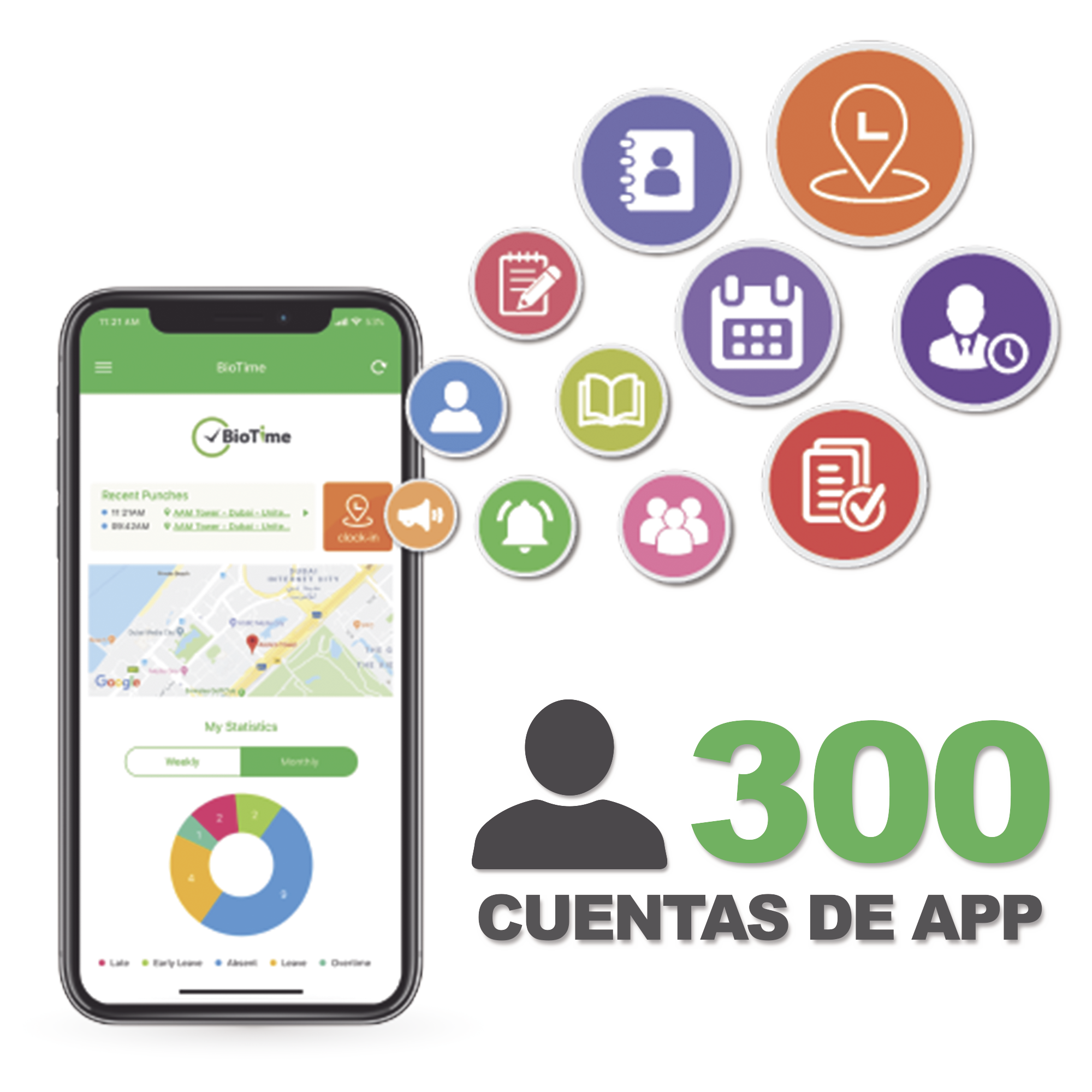 Licencia para realizar checadas de asistencia desde Smartphone (APP) con envío de fotografía y ubicación por GPS / Compatible con BIOTIMEPRO / Licencia para 300 usuario