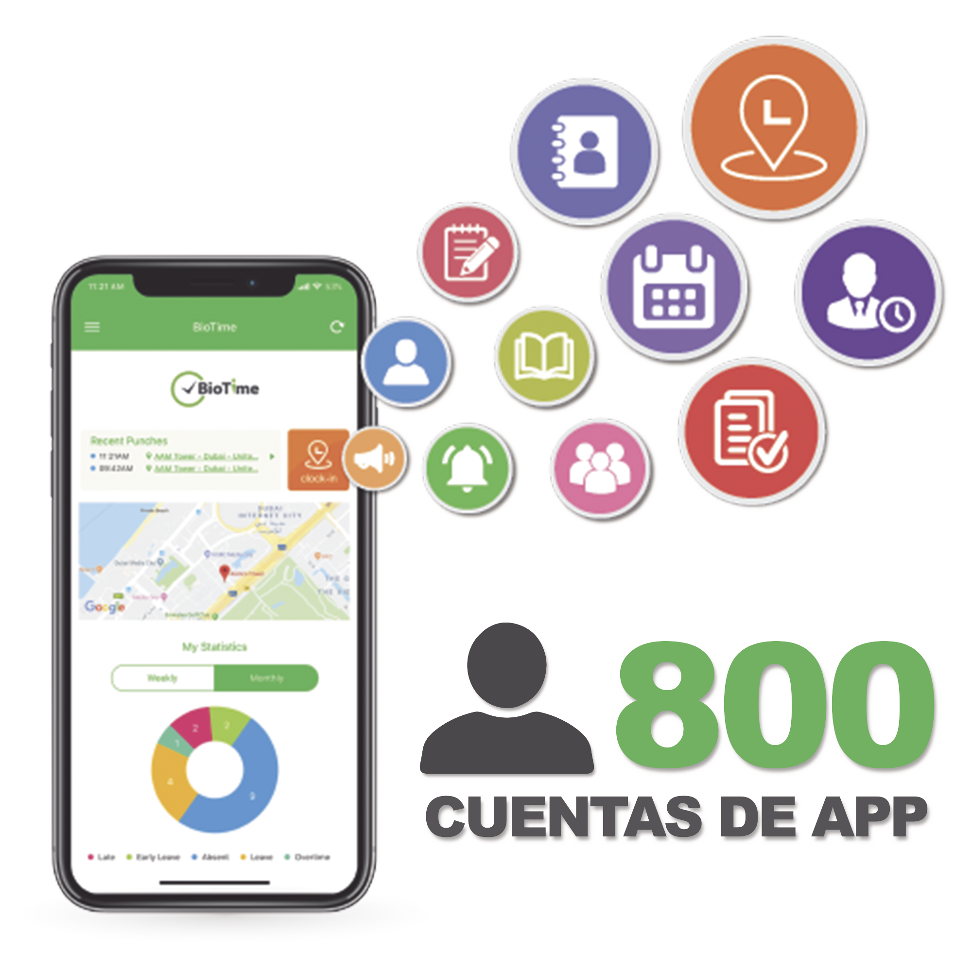 Licencia para realizar checadas de asistencia desde Smartphone (APP) con envío de fotografía y ubicación por GPS / Compatible con BIOTIMEPRO / Licencia para 800 usuarios