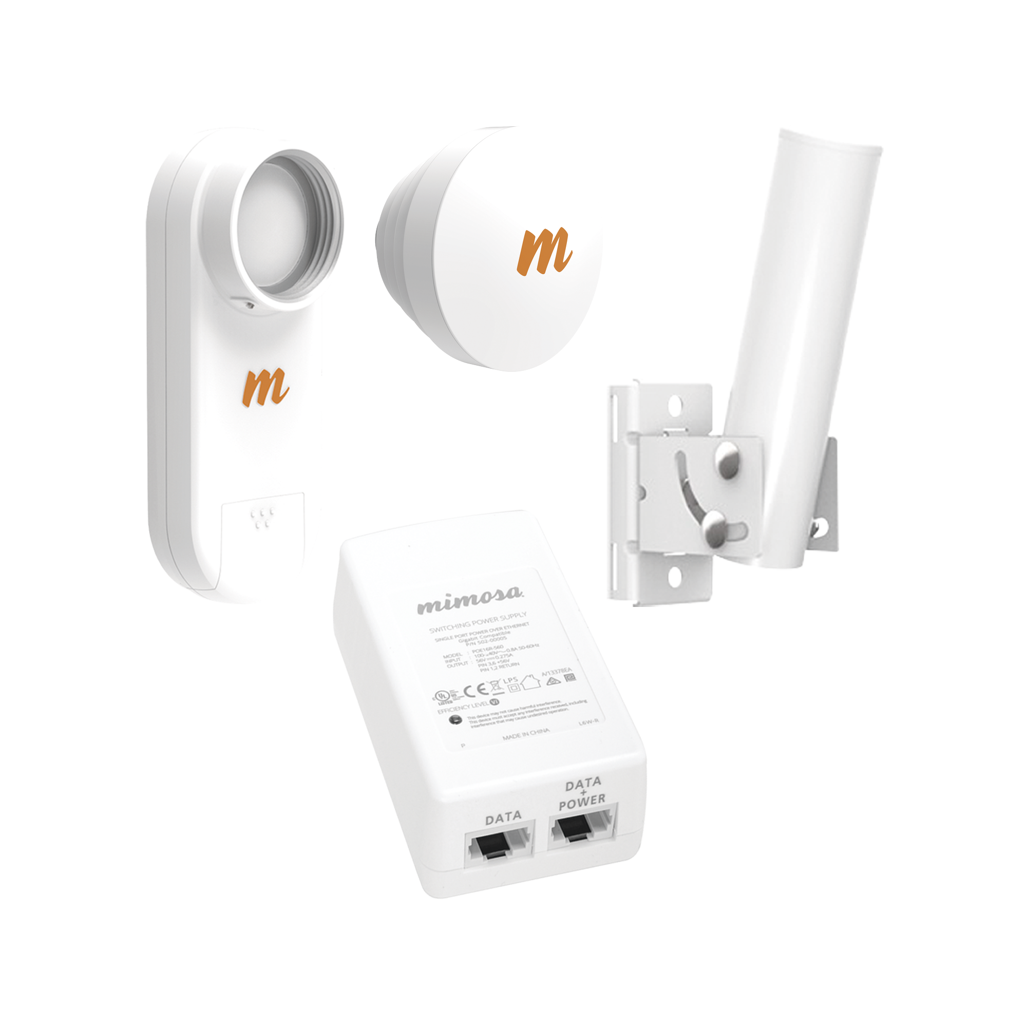 Kit de radios C5X, rango de frecuencia extendida (4.9 a 6.4 GHz),  incluye inyector POE, montaje universal para tubo o poste Y una antena de 16 dBi