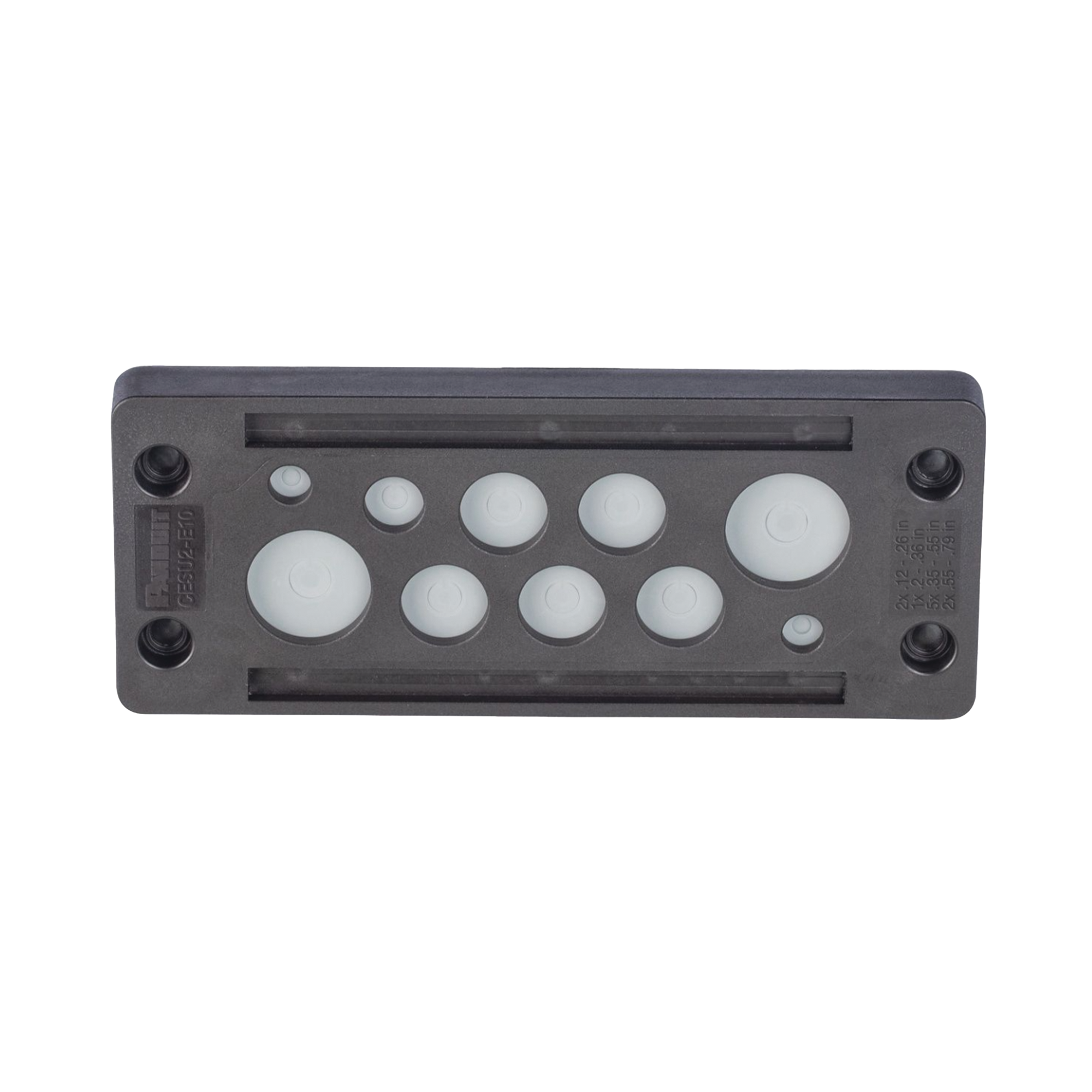 Pasacable de 10 Orificios de Marco Rectangular, IP65, 4.41" X 1.42", para Cables no Terminados, Color Negro.
