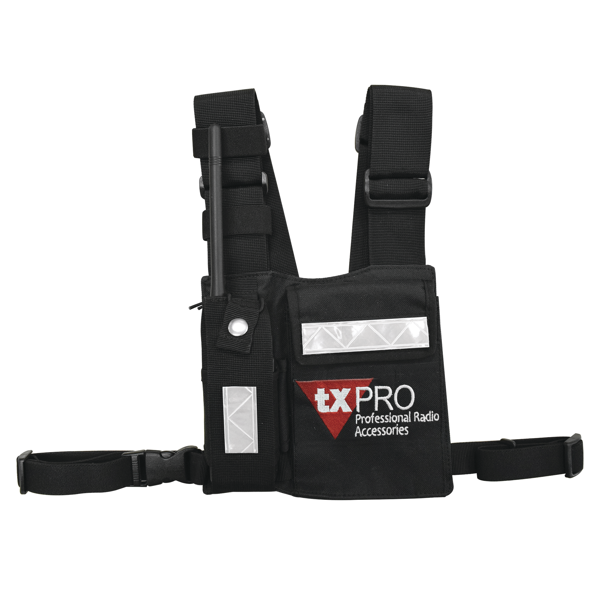 Pechera Universal con soporte para radio, sostén de bolígrafo y seguridad para la bolsa con cinta adherente. Logo TX-PRO.