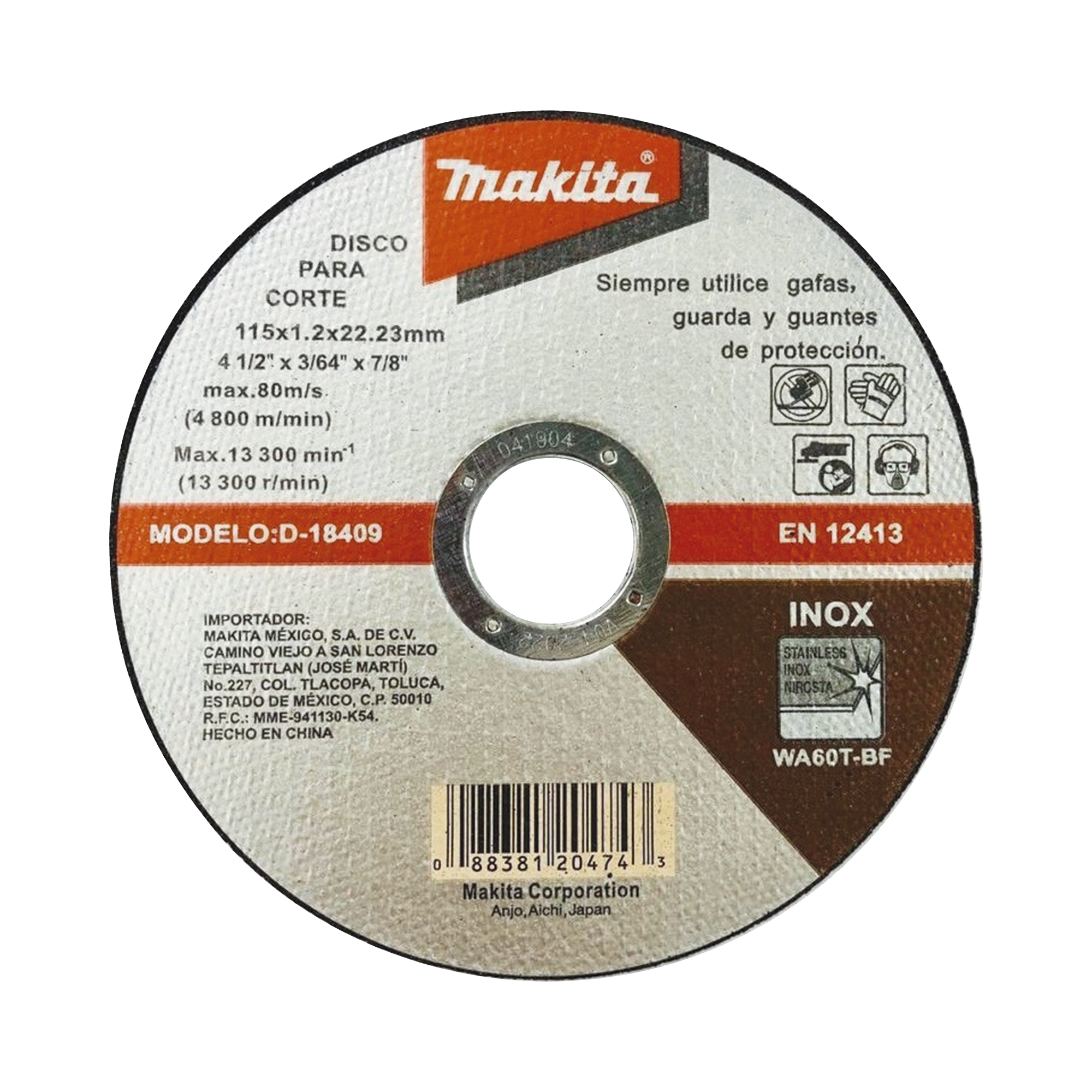 Disco de Corte de 7/8" de acero inoxidable, diámetro de 4-1/2"