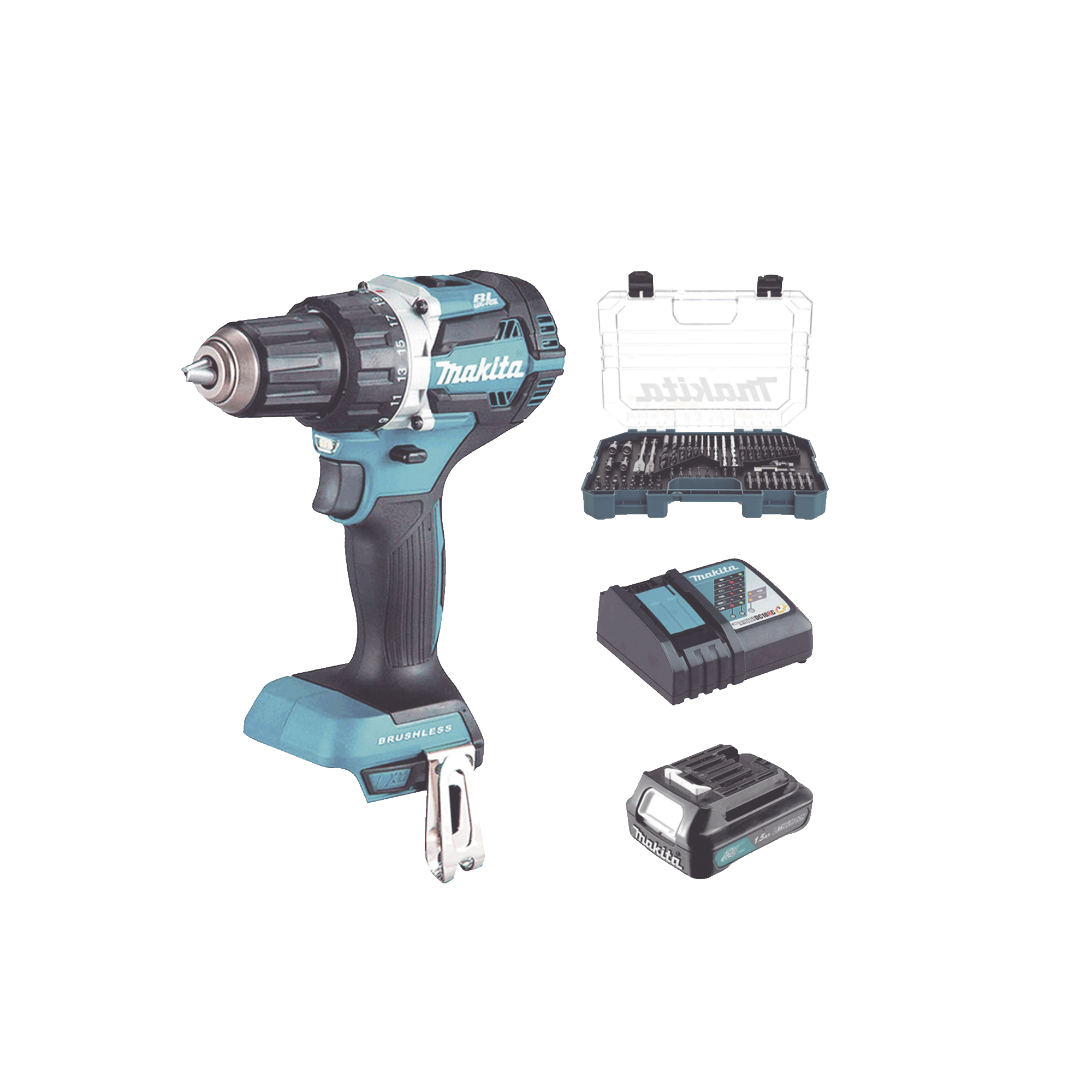 Rotomartillo/Taladro Inalámbrico (1/2") de 1,900 RPM, 18Vcc, Incluye 1 Batería BL1815N de 1.5Ah, 1 Cargador Modelo  DC18SD y Un Set de 75 Pzas  Modelo E-06943