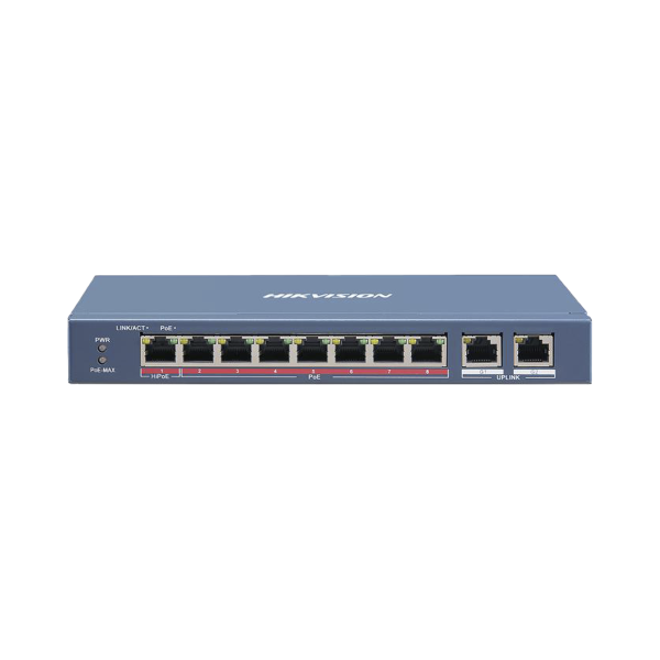 Switch PoE+ / No Administrable / 6 Puertos 10/100 Mbps 802.3 af/at (30 W) / 1 Puerto 10/100 Mbps Hi-PoE (90 W)  / 2 Puertos 1000 Mbps Uplink / Modo Extendido hasta 300 Metros / 110 Watts