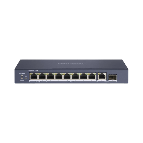 Switch PoE+ / No Administrable / 7 Puertos 1000 Mbps 802.3 af/at (30 W) / 2 Puertos 1000 Mbps Hi-PoE (90 W) / 1 Puertos 1000 Mbps Uplink / 1 Puerto SFP / Modo Extendido hasta 300 Metros / 110 Watts