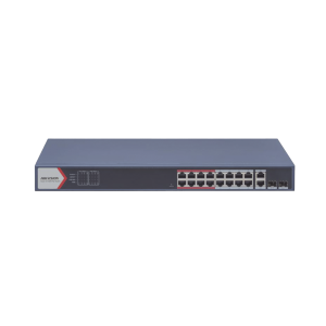 Switch PoE+ / Monitoreable / 16 puertos 10/100 Mbps PoE+ / 2 Puertos 1000 Mbps Uplink / 2 Puertos SFP de Uplink /  Configuración Nube Hik-Partner Pro / Modo Extendido hasta 300 metros / 230 W