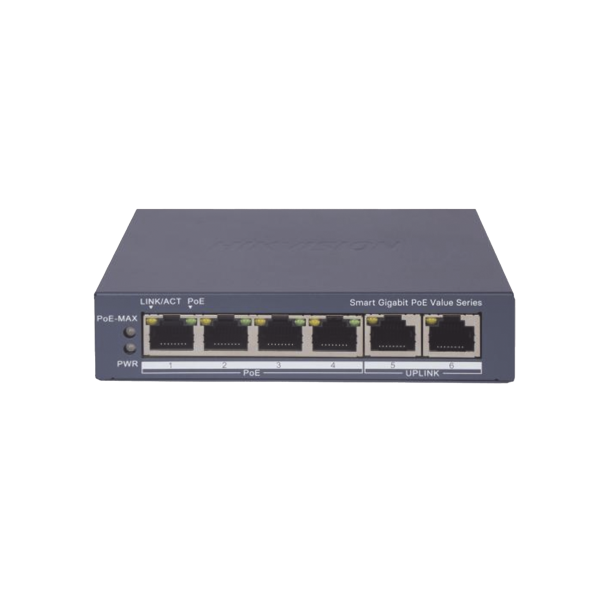 Switch Gigabit PoE+ / Administrable / 4 Puertos 1000 Mbps PoE+ / 2 Puertos 1000 Mbps Uplink / Configuración Nube Hik-PartnerPro / Modo Extendido hasta 300 Metros / 45 Watts