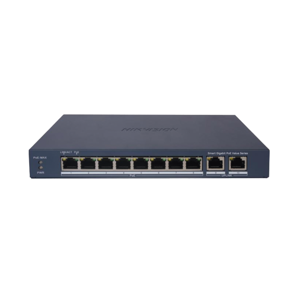 Switch Gigabit PoE+ / Administrable / 8 Puertos 1000 Mbps PoE+ / 2 Puertos 1000 Mbps de Uplink / Configuración Nube Hik-PartnerPro / Modo Extendido hasta 300 Metros / 60 W