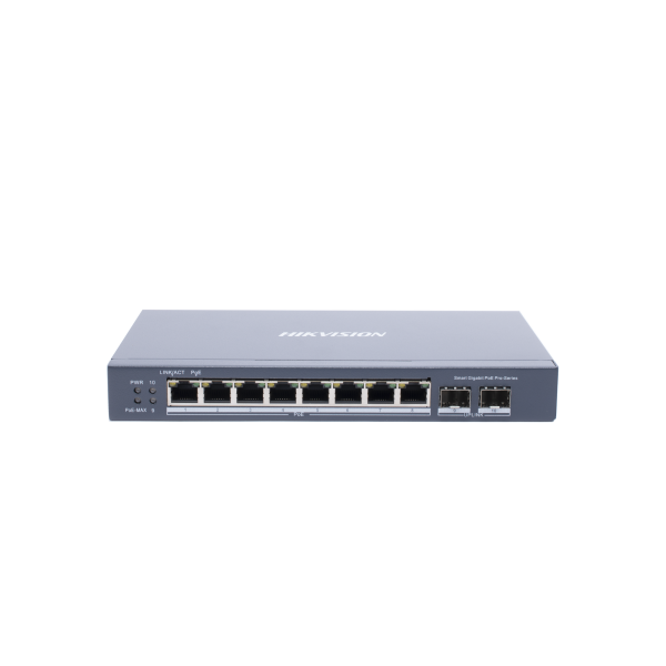 Switch Gigabit PoE+ / Administrable / 8 Puertos Gigabit PoE+ / 2 Puertos SFP / Configuración Nube Hik-Partner Pro / Modo Extendido hasta 300 Metros / 110 W