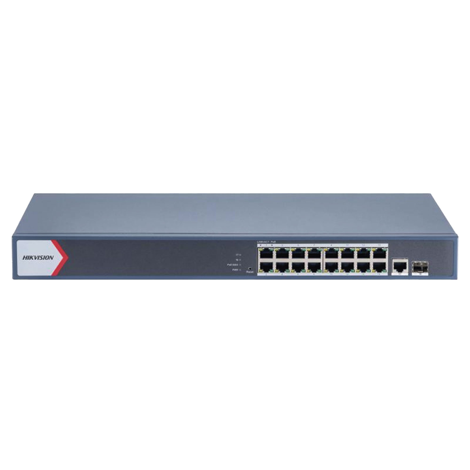 Switch Gigabit PoE+ / Administrable / 16 Puertos 1000 Mbps PoE+ / 1 Puerto 1000 Mbps de Uplink / 1 Puerto SFP / Configuración Nube desde Hik-Partner Pro / Modo Extendido hasta 300 Metros / 230 Watts
