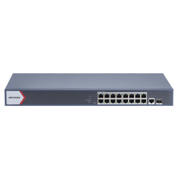 Switch Gigabit PoE+ / Monitoreable / 16 Puertos 1000 Mbps PoE+ / 1 Puerto 1000 Mbps de Uplink / 1 Puerto SFP /  Configuración Nube desde Hik-PartnerPro / Modo Extendido hasta 300 Metros / 130 Watts