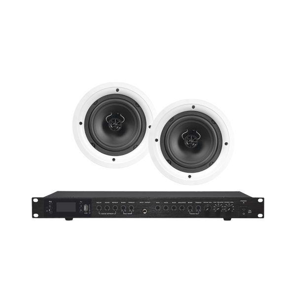 Amplificador de Audio con 2 Bocinas SP6 | 2 x 60W | Baja Impedancia 4 - 8Œ© | Reproductor Bluetooth, USB, SD | Efectos Integrados Delay, Echo, Repeat
