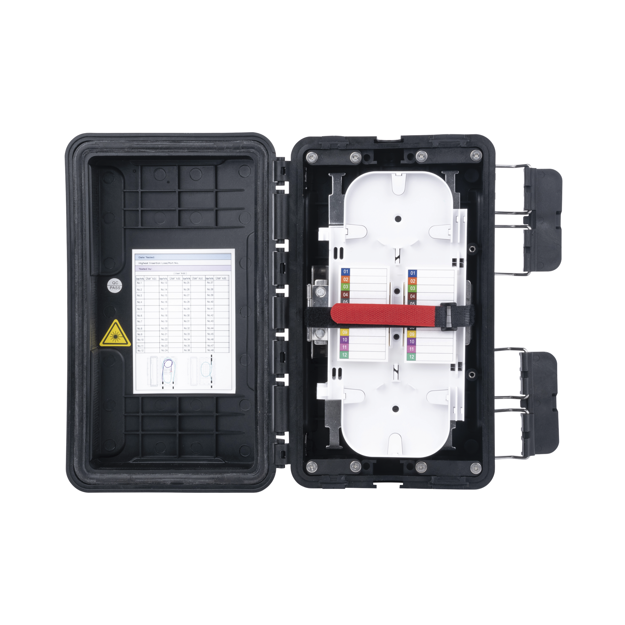 Caja de Distribución de Fibra Óptica, Hasta 96 Empalmes, Exterior IP65, Color Negro