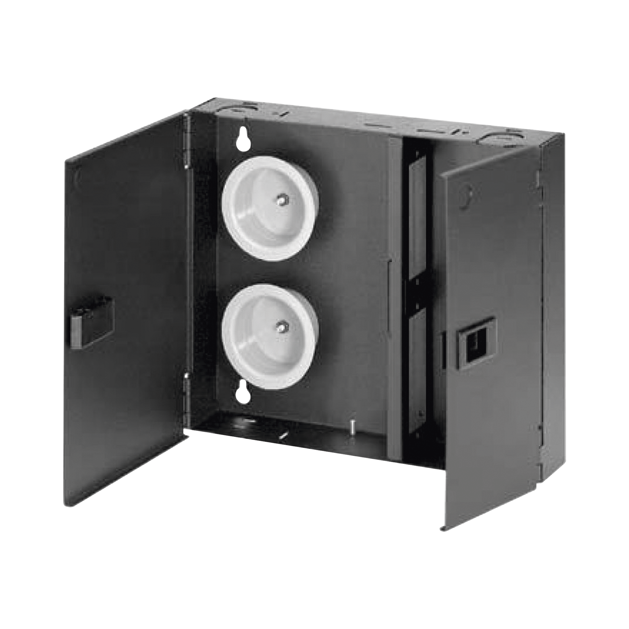 Caja de Conexión de Fibra Óptica, Para Montaje en Pared, Acepta 2 Placas FAP o FMP, Hasta 48 Fibras, Color Negro