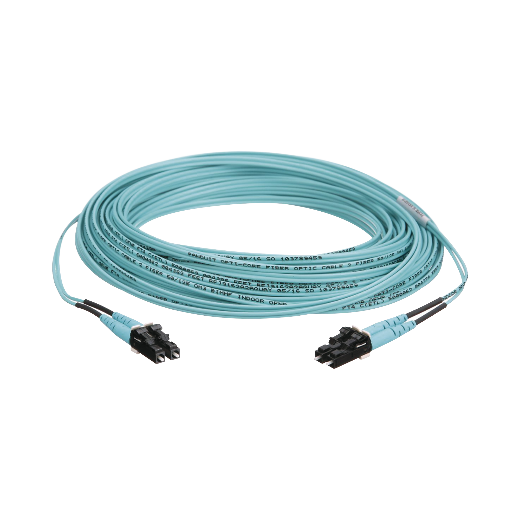 Jumper de Fibra Optica Multimodo 50/125 OM3, LC-LC Duplex, OFNR (Riser), Color Aqua, 15 Metros